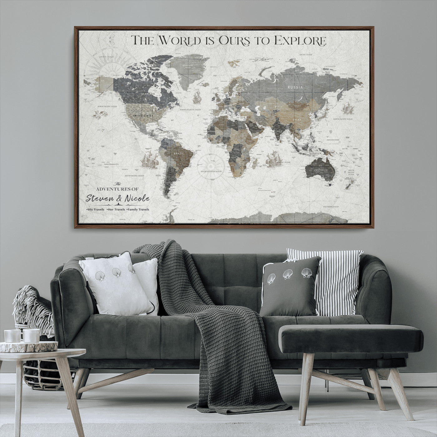 97082026-MGV-CV-36X24-Personalized World Map Wall Art – Vintage Gray Adventure Travel Map with Custom Couple or Family Names, Rustic Wall Decor for Home