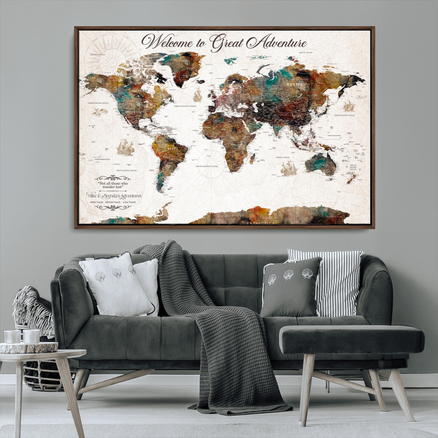 67029173-MGV-CV-36X24-Personalized World Map Wall Art – Colorful Vintage Adventure Travel Map with Custom Couple Names, Rustic Wall Decor for Home,