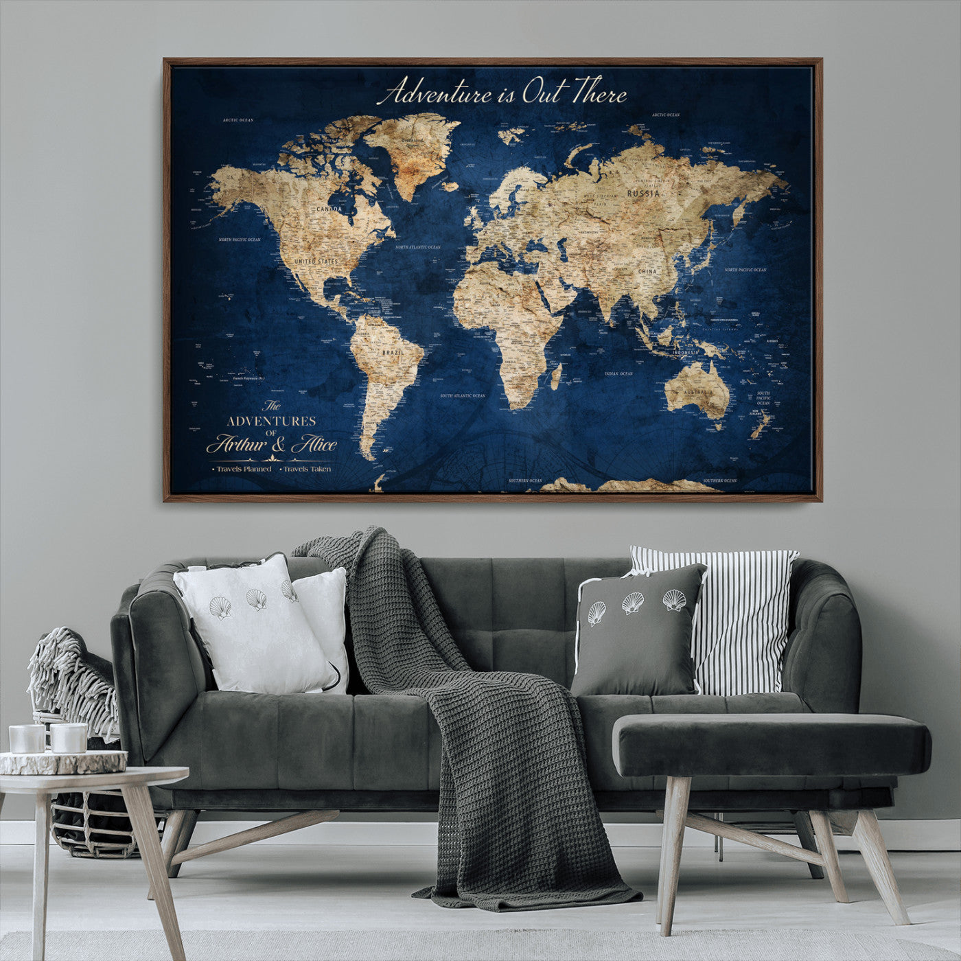 71052542-MGV-CV-36X24-Personalized World Map Wall Art – Rustic Navy Blue Adventure Travel Map with Custom Couple Names, Vintage Wall Decor for Home or