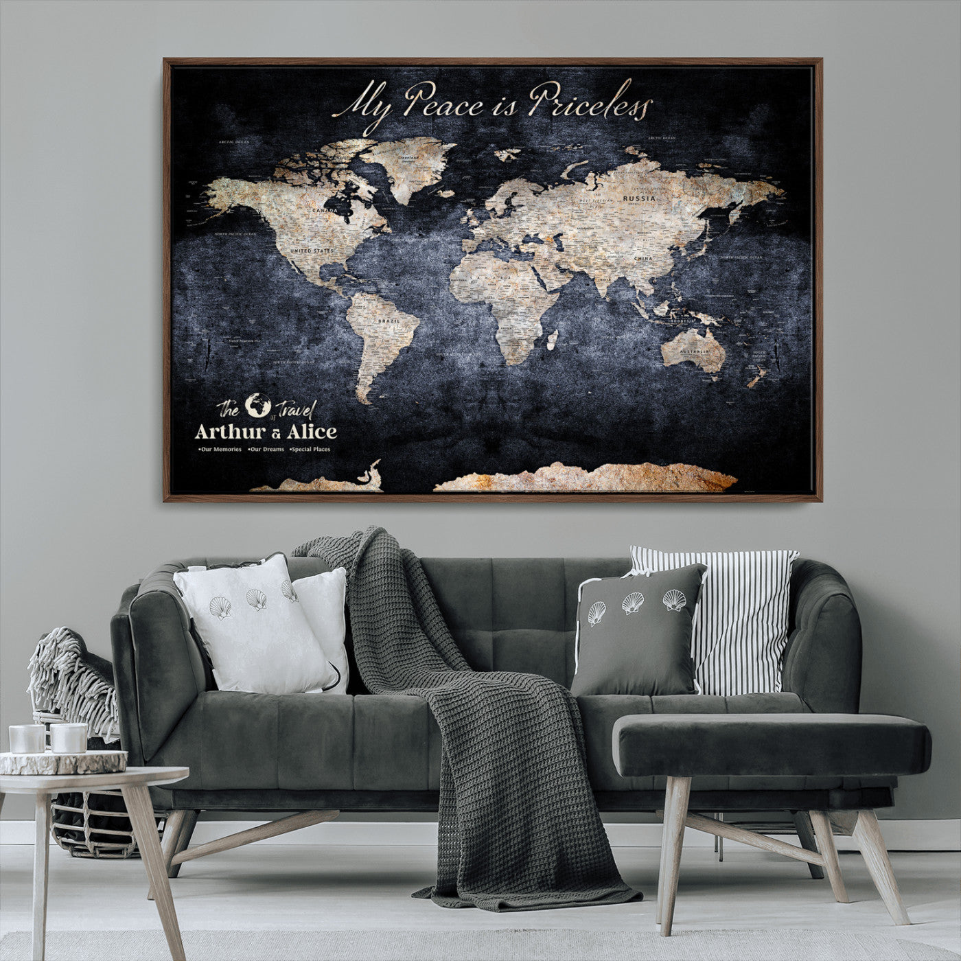 85403043-MGV-FC-36X24_Walnut-Personalized World Map Wall Art – Dark Blue Rustic Adventure Map with Custom Couple Names, Vintage Wall Decor for Home or Travel