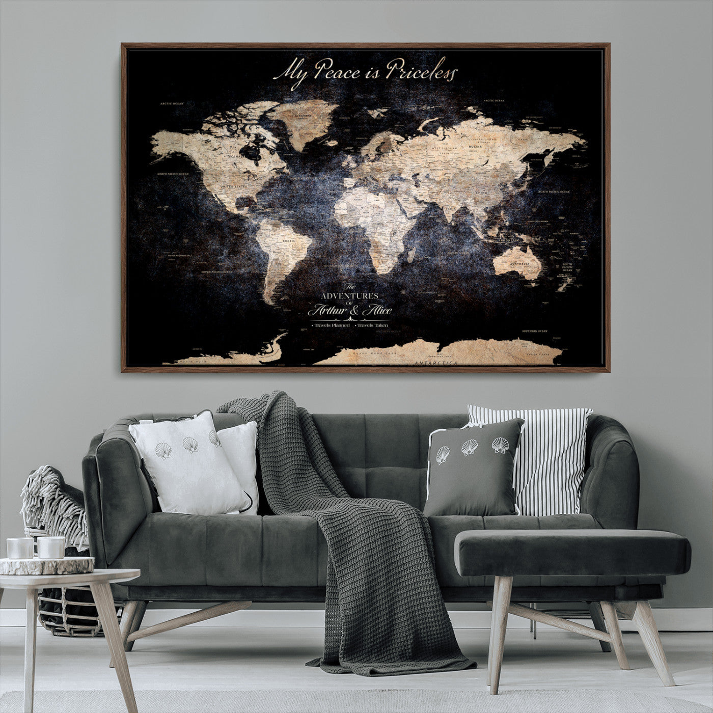 51488142-MGV-CV-36X24-Personalized World Map Wall Art – Dark Rustic Adventure Travel Map with Custom Names, Vintage Wall Decor for Couples, Families or