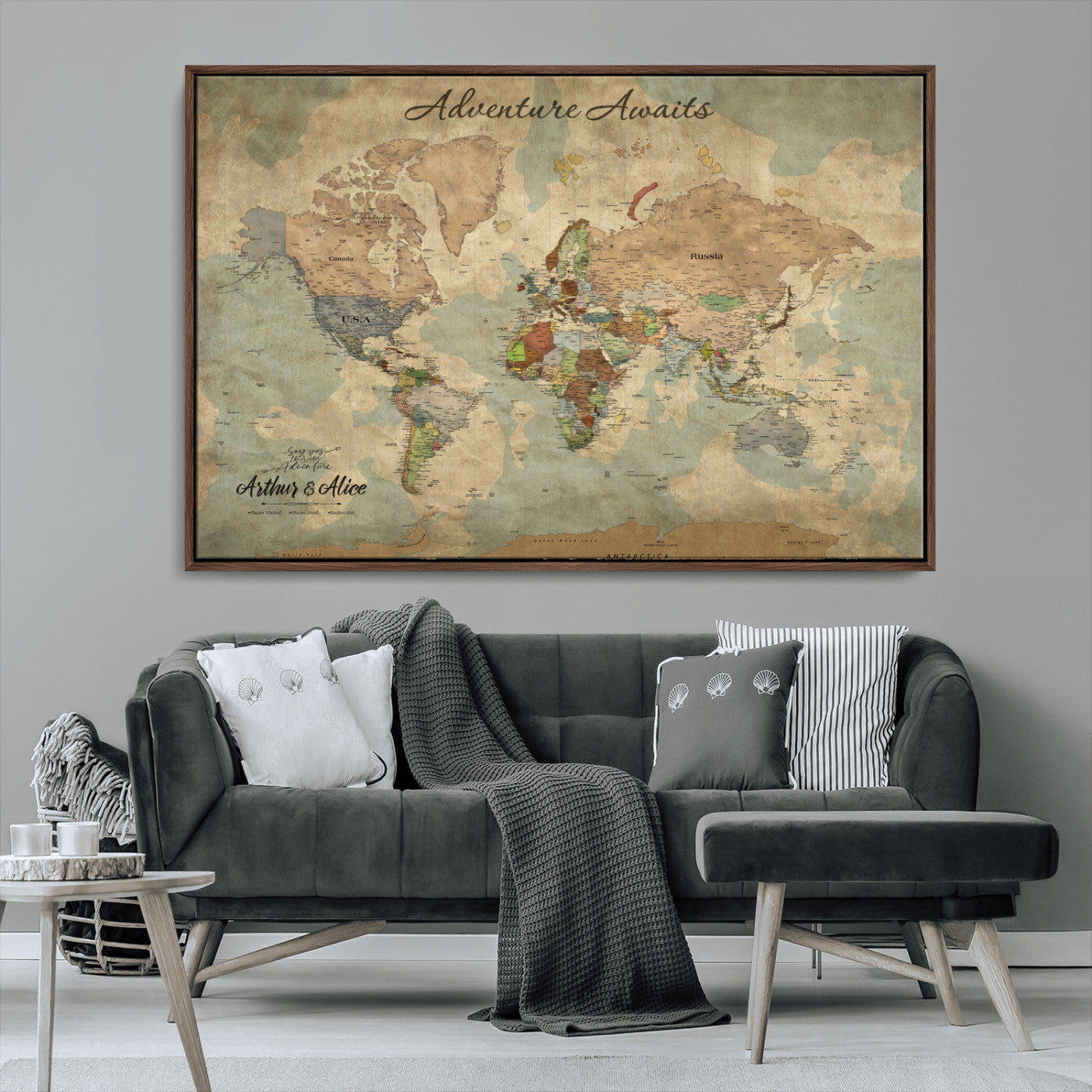 62500285-MGV-CV-36X24-Personalized World Map Wall Art – Rustic Watercolor Adventure Awaits Travel Map with Custom Couple Names, Vintage Wall Decor for