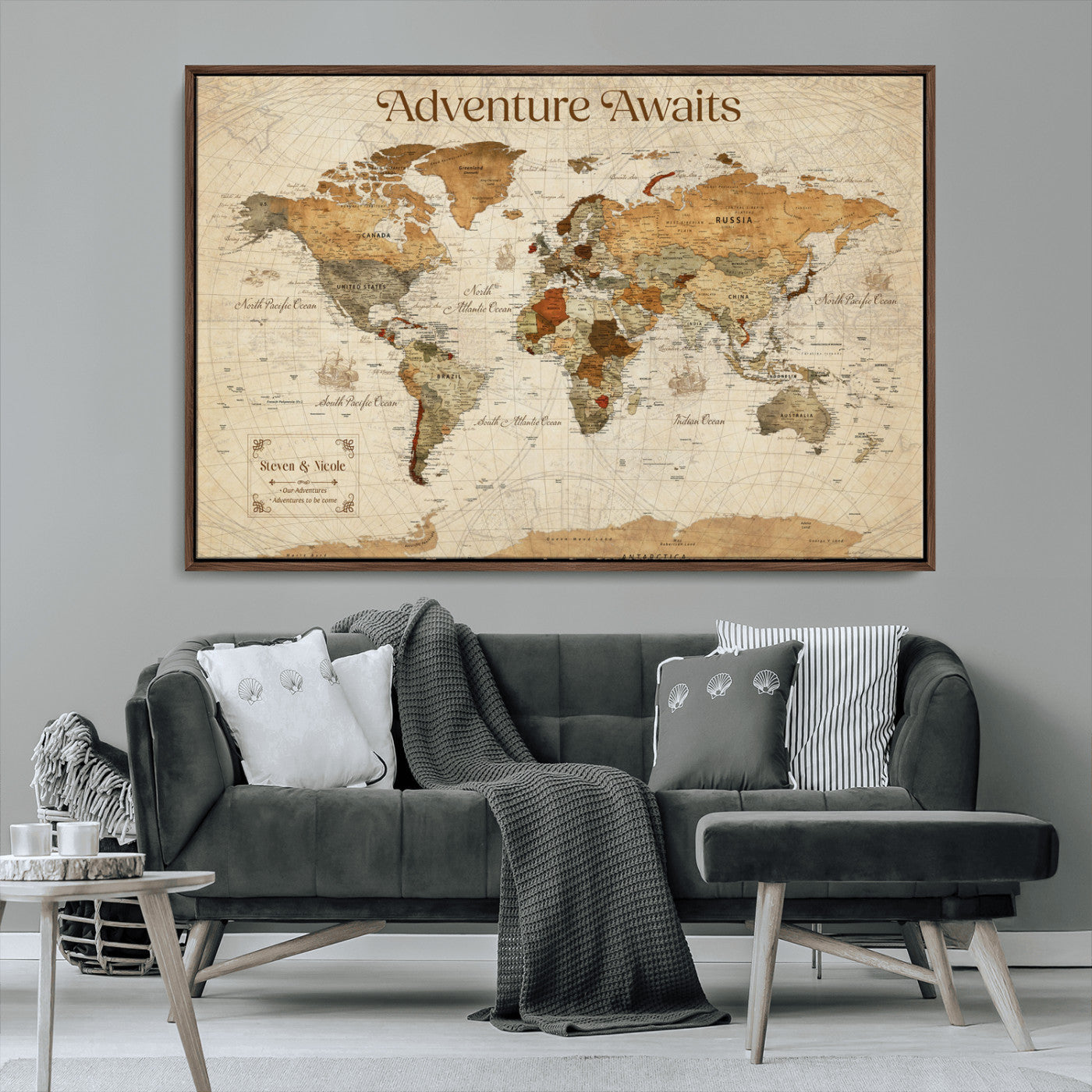 18685073-MGV-CV-36X24-Personalized World Map Wall Art – Antique Vintage Parchment Adventure Awaits Travel Map with Custom Couple Names, Rustic Wall