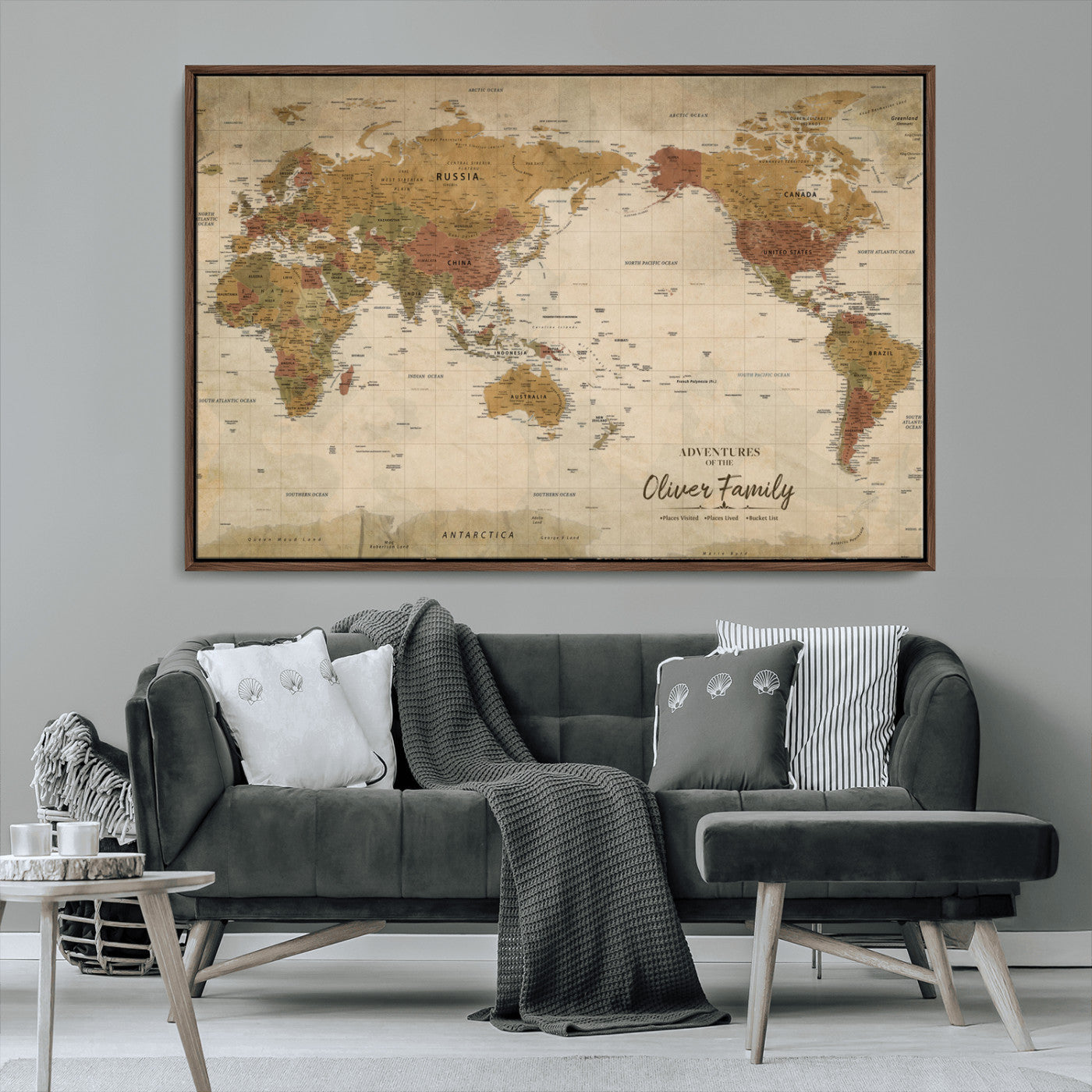 31874045-MGV-CV-36X24-Personalized World Map Wall Art – Vintage Earth Tone Adventure Map with Custom Family Names, Rustic Travel Decor for Home, Couples