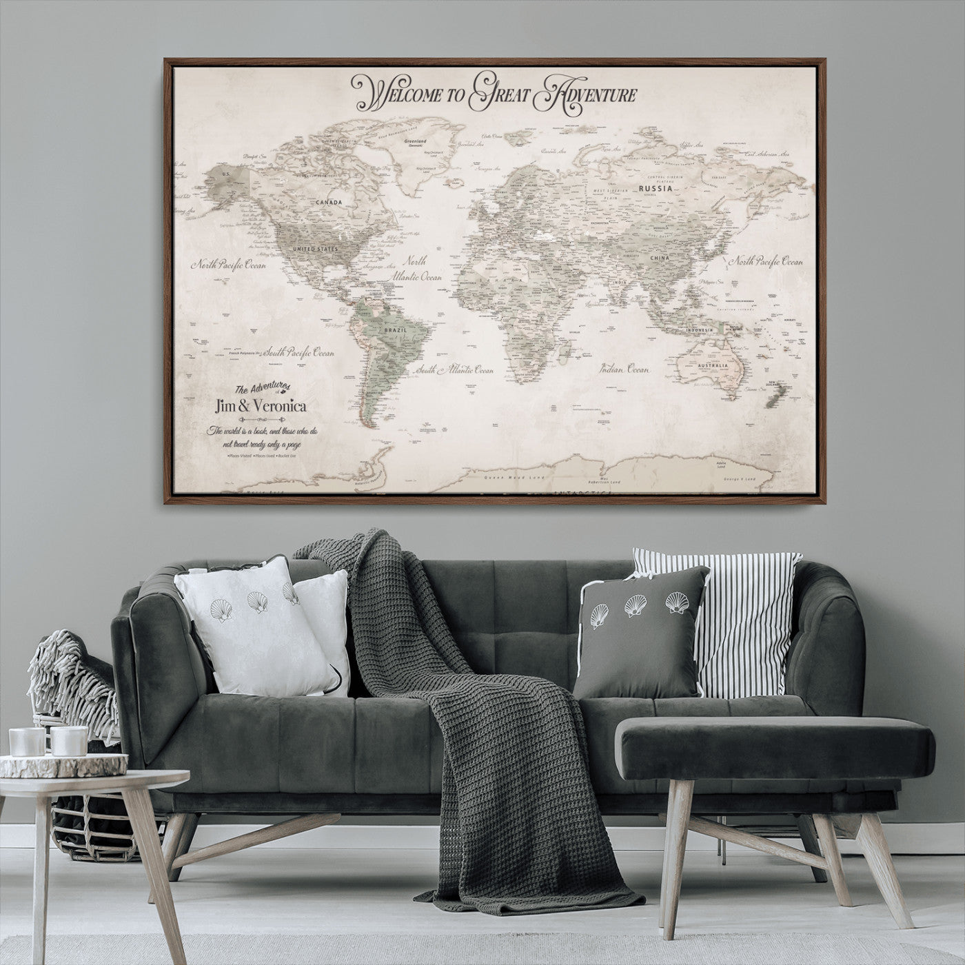 93034948-MGV-CV-36X24-Personalized World Map Wall Art – Vintage Beige Adventure Travel Map with Custom Names, Elegant Push Pin Canvas for Couples,