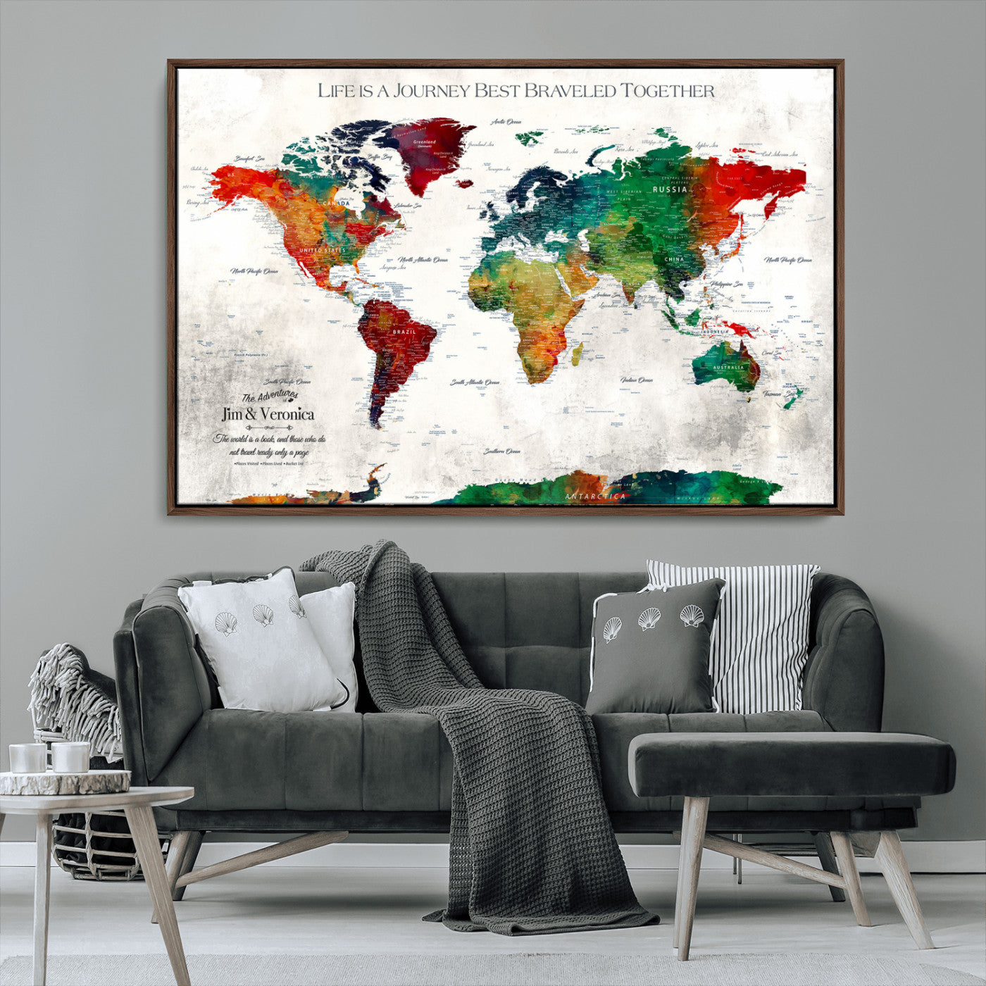 95876117-MGV-FC-36X24_Walnut-Personalized World Map Wall Art – Colorful Watercolor Travel Map with Custom Names, Romantic Wall Decor for Couples, Wedding or