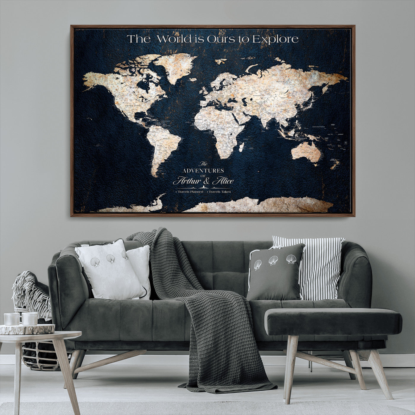 13231361-MGV-CV-36X24-Personalized World Map Wall Art – Navy Blue Vintage Adventure Travel Map with Custom Names, Elegant Push Pin Canvas for Couples