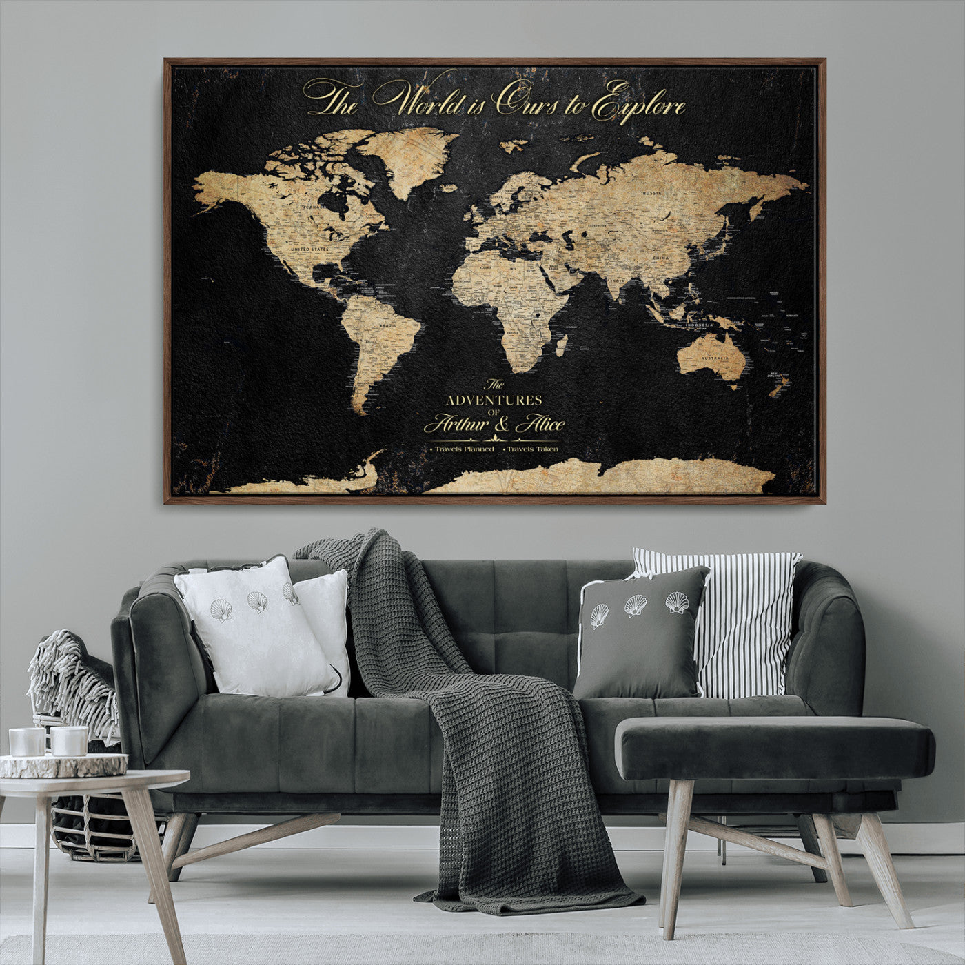 98947257-MGV-CV-36X24-Personalized World Map Wall Art – Vintage Black Adventure Travel Map with Custom Names, Elegant Push Pin Canvas for Couples Home