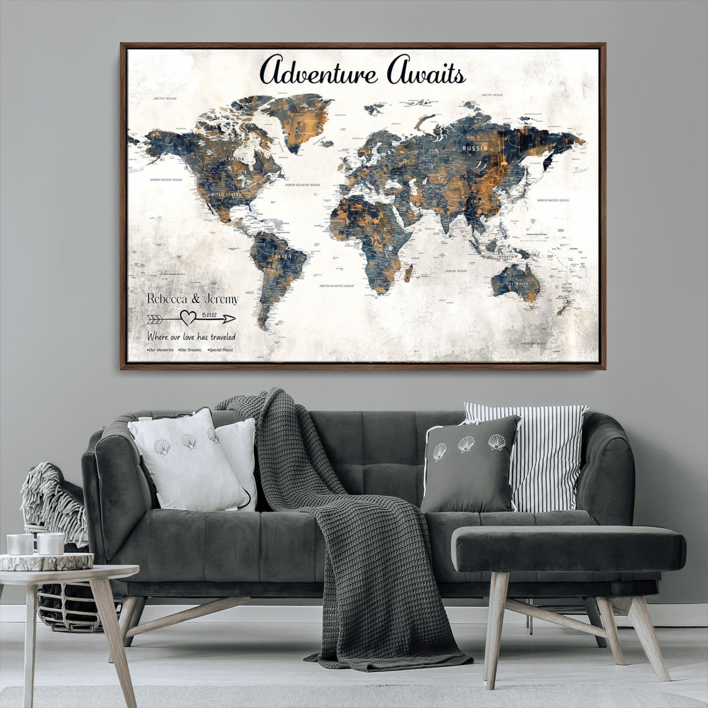 11751559-MGV-CV-36X24-Personalized World Map Wall Art – Elegant Adventure Travel Tracker Map for Couples & Families, Push Pin Canvas Poster Decor for Home, Office