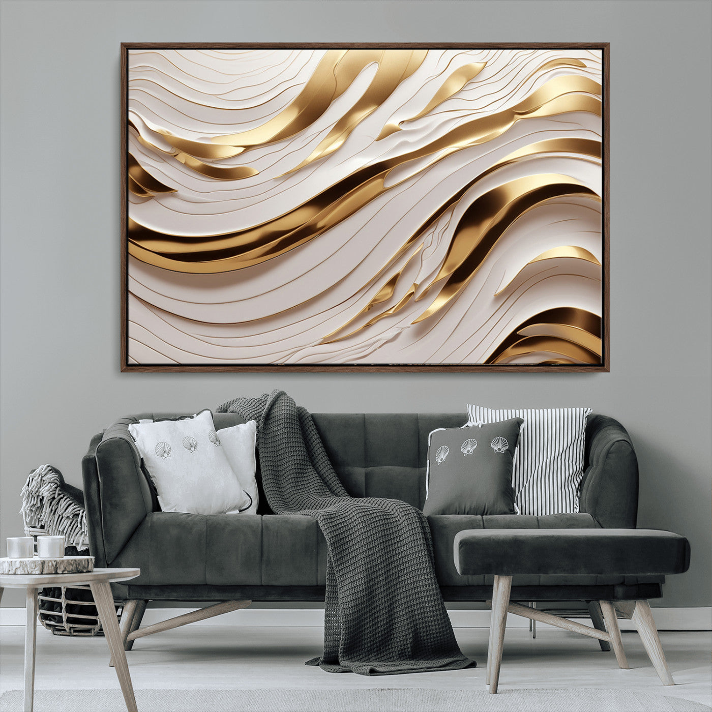 41237-MGV-FC-36X24_Walnut-Gold Waves Wall Art Canvas Print, Framed Elegant Flow Art Picture Print, Luxury Layers Perfect Minimal Luxe Decor Artwork