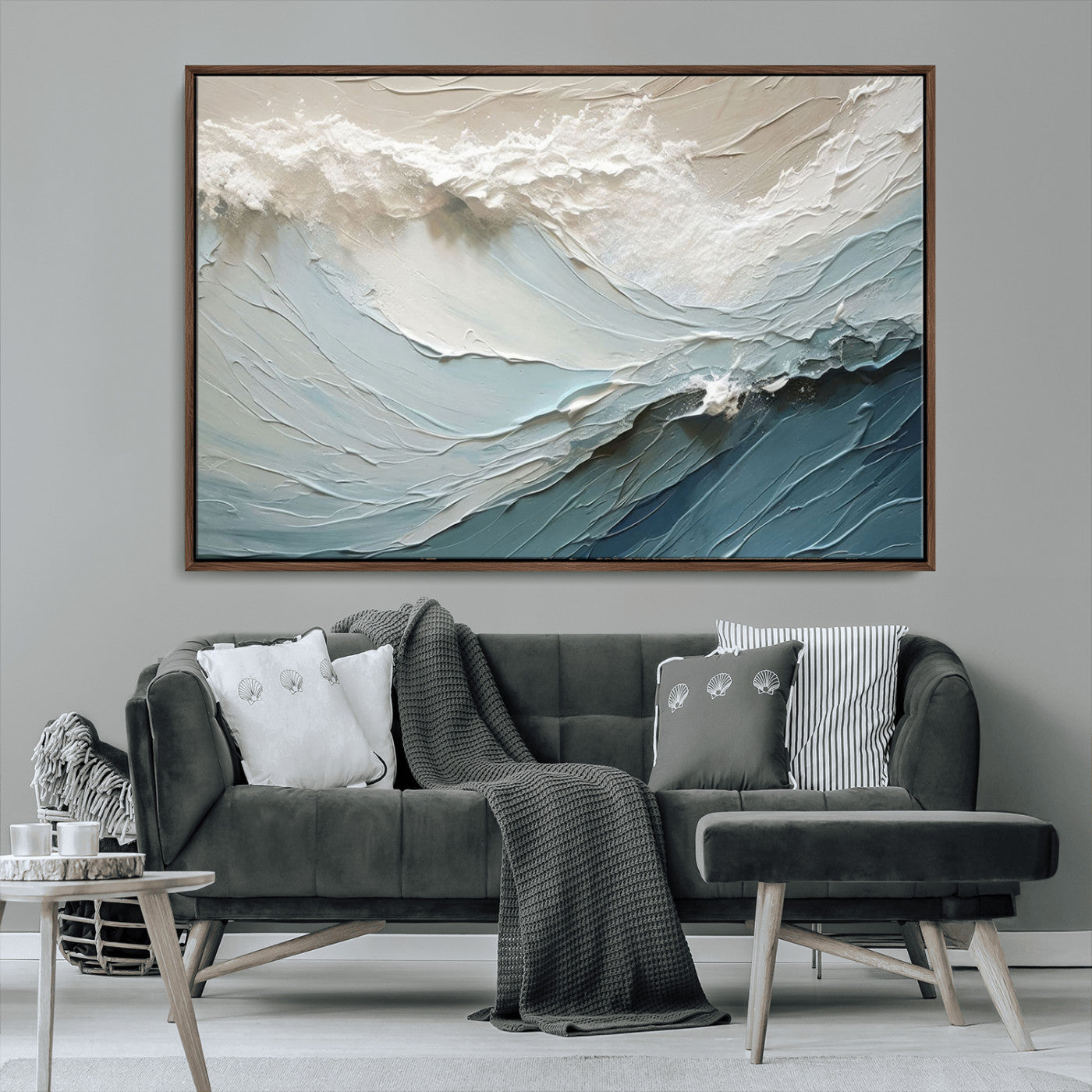 53646-MGV-FC-36X24_Walnut-Ocean Wave Wall Art Canvas Print, Framed Textured Seascape Art Picture Print, Modern Ocean Perfect Minimal Coastal 2/2 Decor