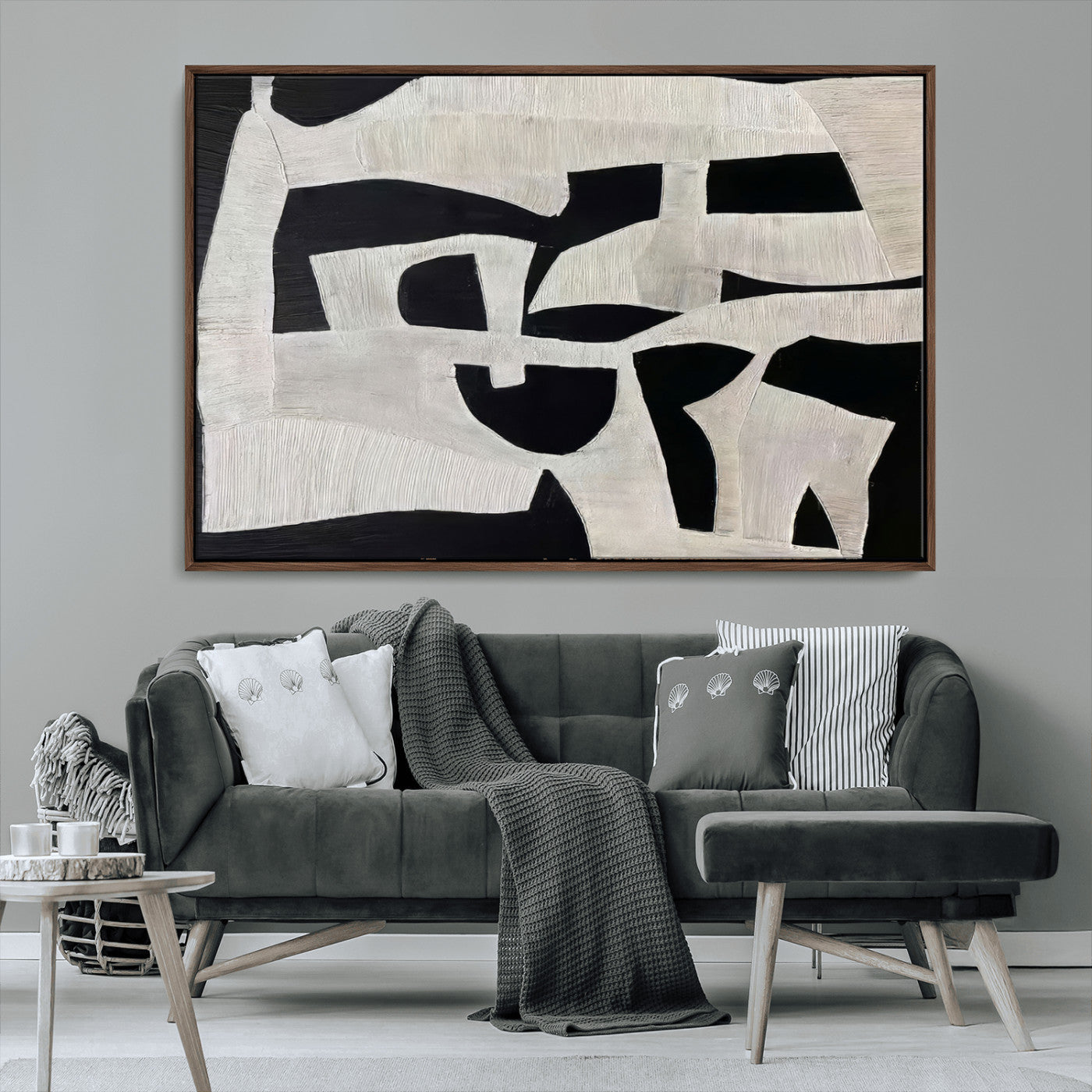 33714-MGV-FC-36X24_Walnut-Monochrome Design Wall Art Canvas Print, Framed Modern Linework Art Picture Print, Textured Shapes Perfect Monochrome Modern Decor