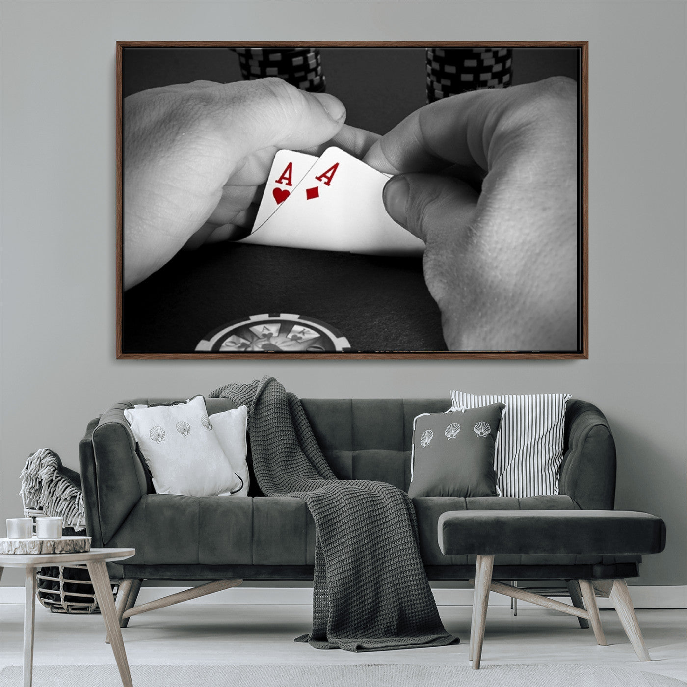 62460-MGV-FC-36X24_Walnut-Poker Game Wall Art – Close Up of Hands Holding Aces with Chips, Casino Style Decor for Game Room, Man Cave or Office