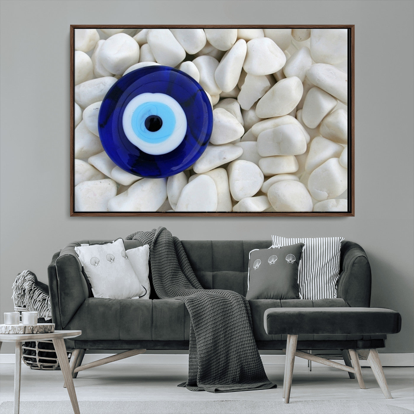 48883-MGV-CV-36X24-Evil Eye Wall Art – Deep Blue Symbol of Presence and Calm on White Stones, Subtle Spiritual Decor for Entryway, Studio, Office or