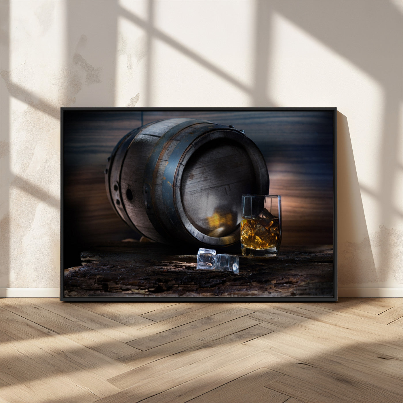 78049-MGV-CV-36X24-Whiskey Barrel Wall Art – Rustic Whiskey Barrel and Glass with Ice Canvas Print, Classic Bar or Lounge Decor for Home, Office, or