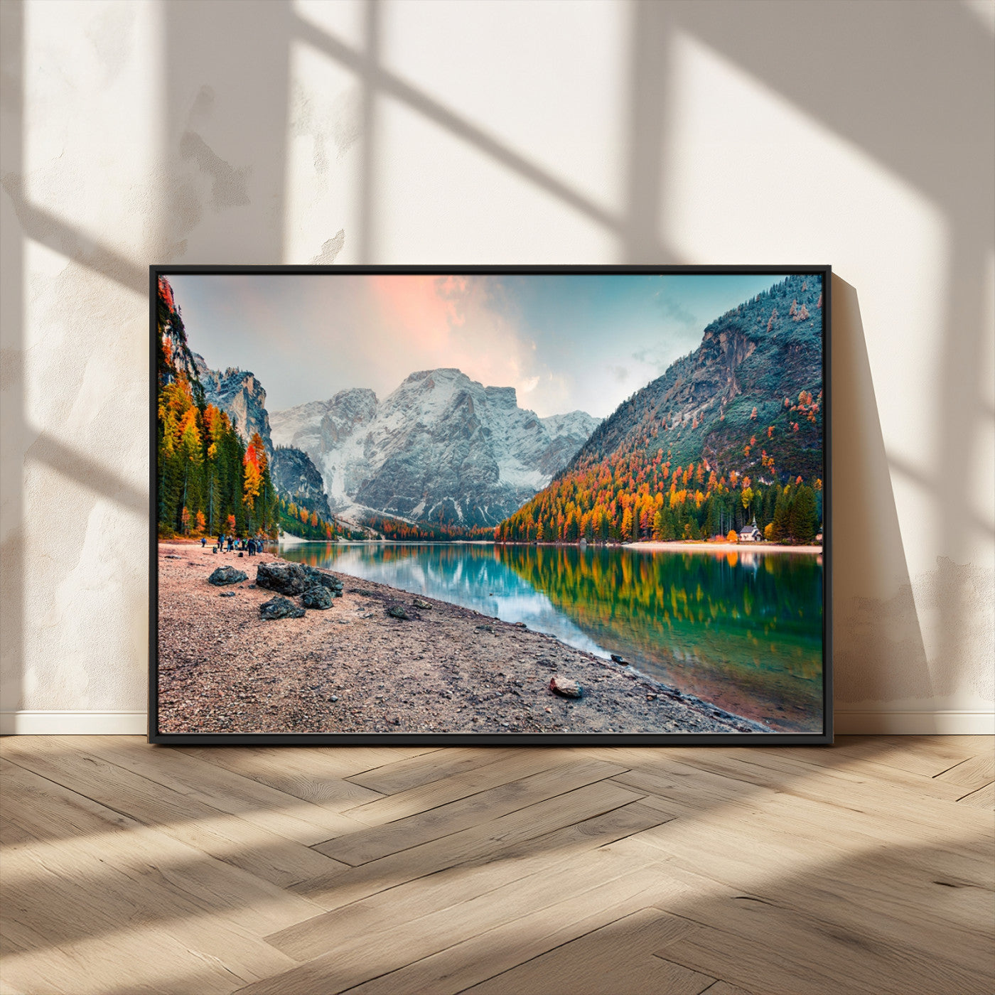 25982-MGV-FC-36X24_Black-Autumn Mountain Lake Wall Art – Panoramic Fall Foliage and Snowy Peaks Canvas Print, Scenic Nature Decor for Living Room or Office