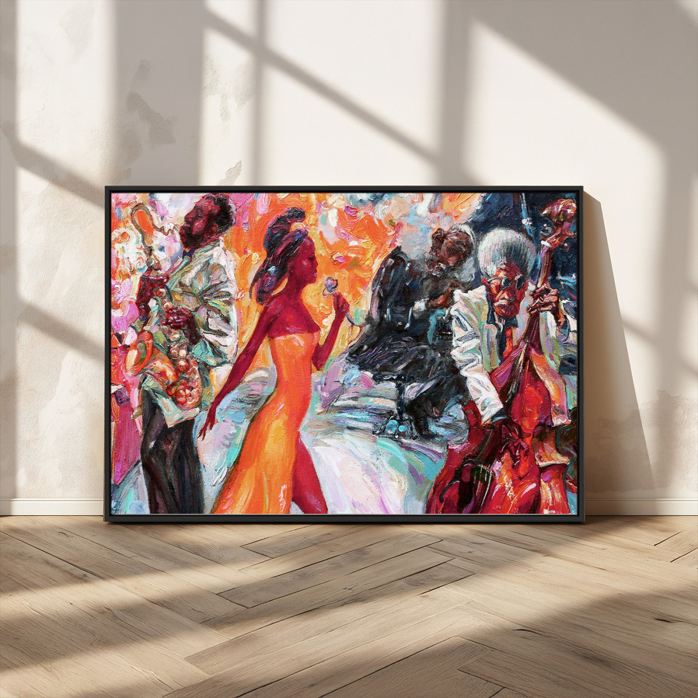 24452-MGV-CV-36X24-Vibrant Jazz Musician Painting - Expressive Art Print of Live Jazz Band, Perfect Wall Decor for Music Lovers and Art Enthusiasts