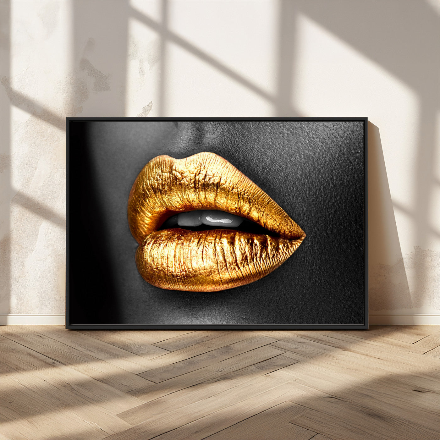 84747-MGV-CV-36X24-Golden Lips Black & White Portrait – Glamorous Metallic Lip Art Print, Modern Wall Decor for Bedroom, Beauty & Fashion Lover Gift