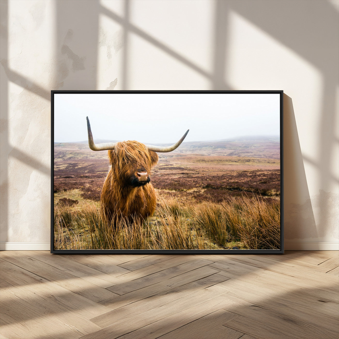 79391-MGV-CV-36X24-Majestic Highland Cow in Misty Scottish Moorland – Rustic Natural Charm, Perfect for Unique Home or Office Decor