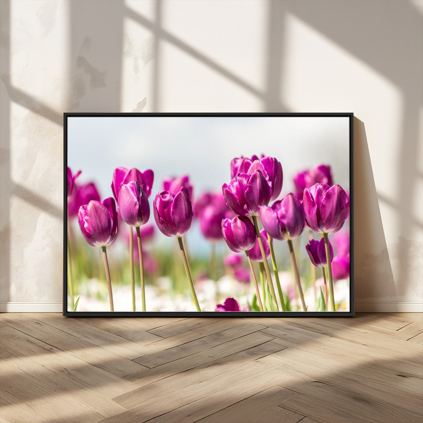 30632-MGV-CV-36X24-Purple Tulip Field Wall Art – Beautiful Spring Flowers Canvas Print with Soft Focus and Bright Sky, Ideal Floral Decor for Home or