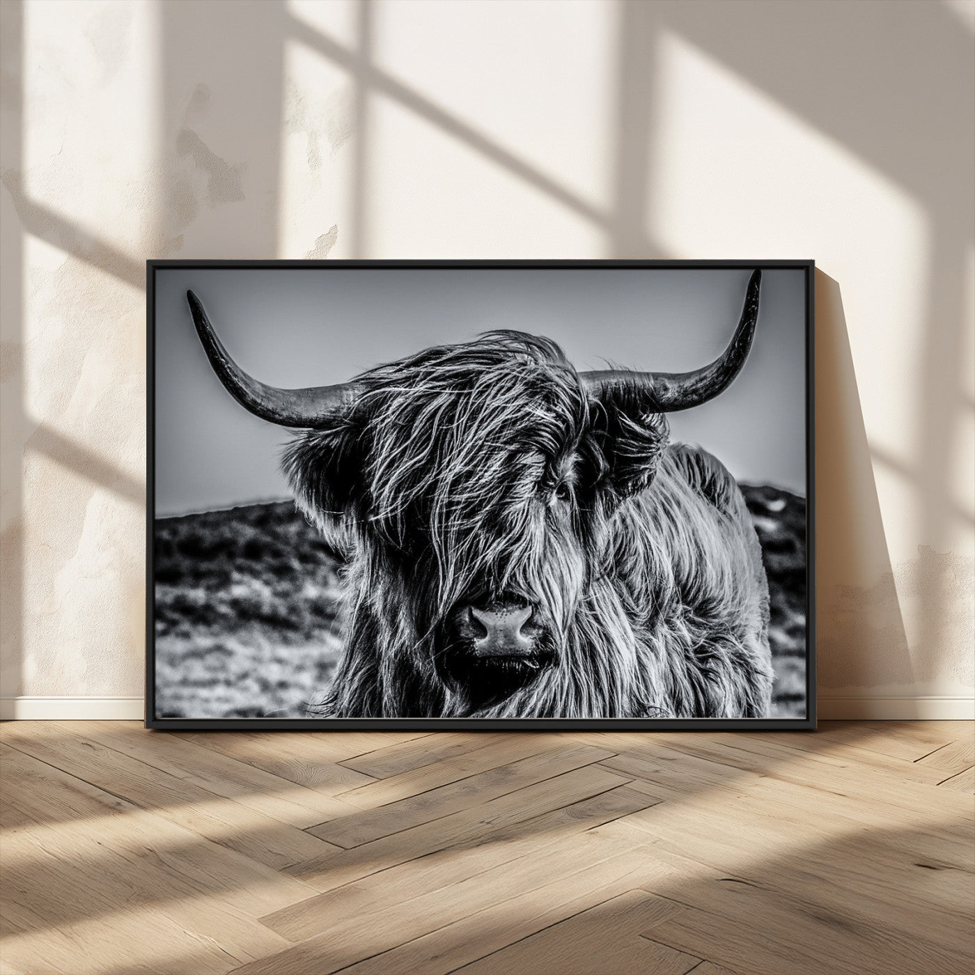 97372-MGV-CV-36X24-Elegant Highland Cow Wall Art – Black and White Canvas Print, Rustic Nature Decor for Home, Office, Living Room or Man Cave