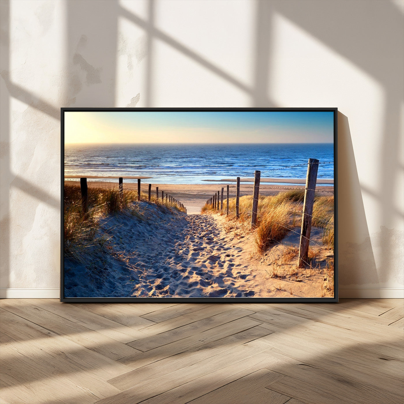 31889-MGV-CV-36X24-Sandy Beach Pathway Wall Art – Coastal Dune Fence and Ocean View Canvas Print, Relaxing Seaside Landscape Decor for Living Room or
