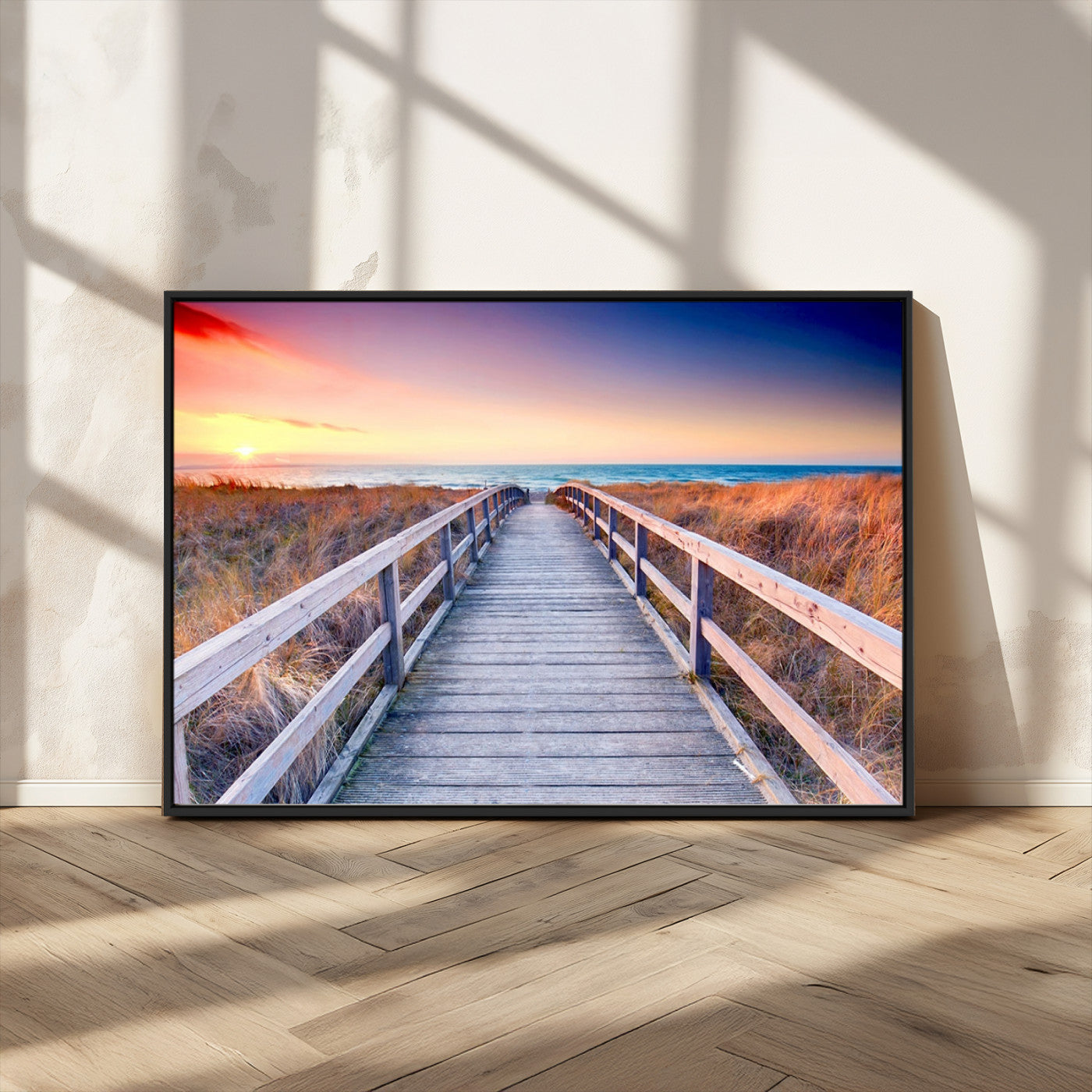 60625-MGV-CV-36X24-Beach Boardwalk Sunrise Wall Art – Coastal Pathway to Ocean Canvas Print, Seaside Landscape Decor for Home or Office