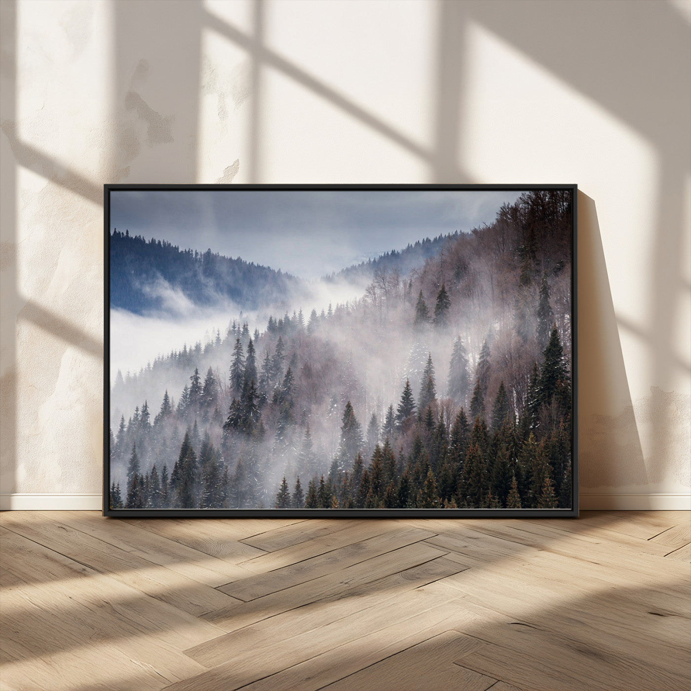 18459-MGV-CV-36X24-Misty Pine Forest Wall Art – Serene Mountain Landscape Canvas Print, Tranquil Nature Artwork for Living Room, Bedroom, Cabin or