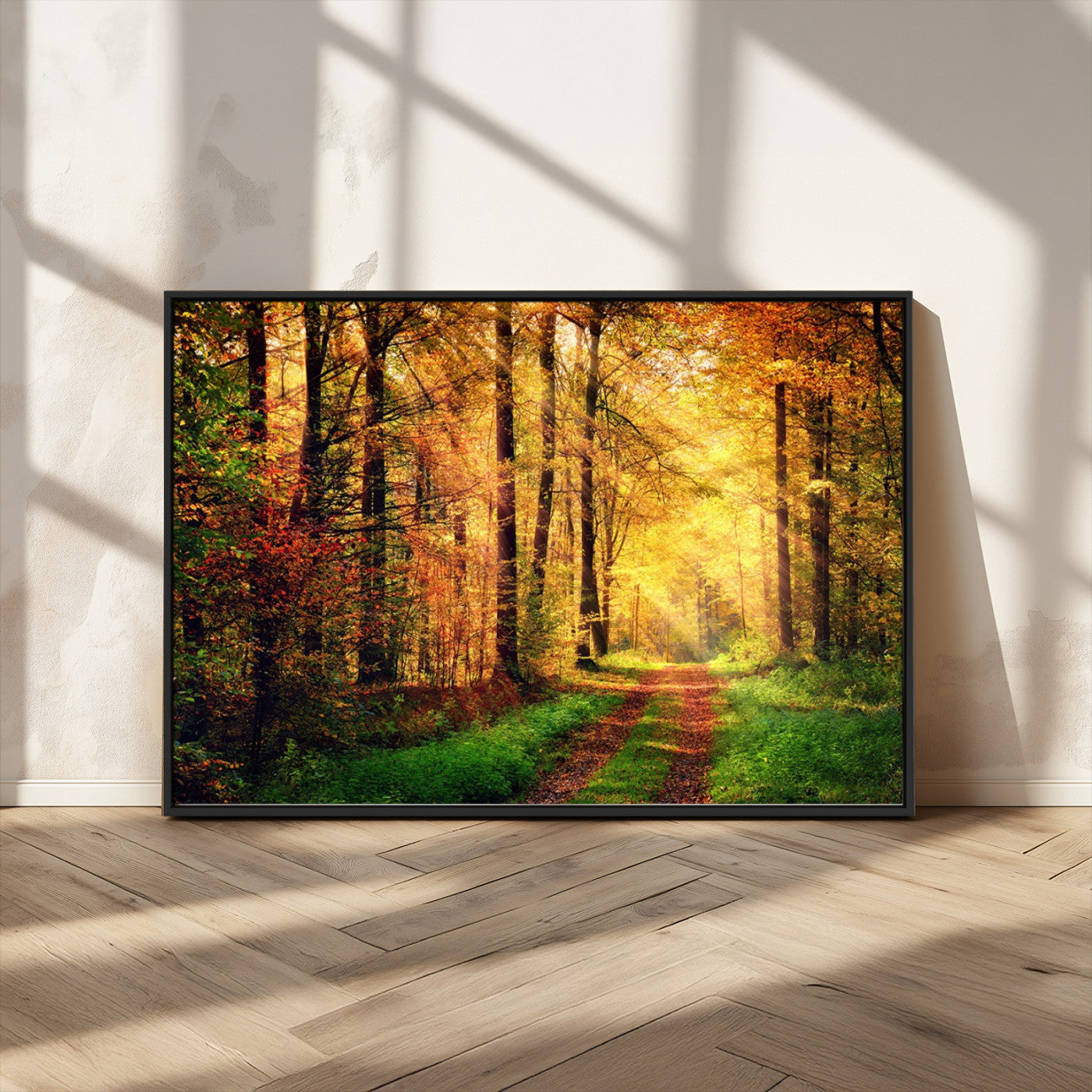73494-MGV-CV-36X24-Golden Autumn Forest Path Wall Art – Sunlit Woodland Canvas Print, Fall Nature Landscape Home Decoration