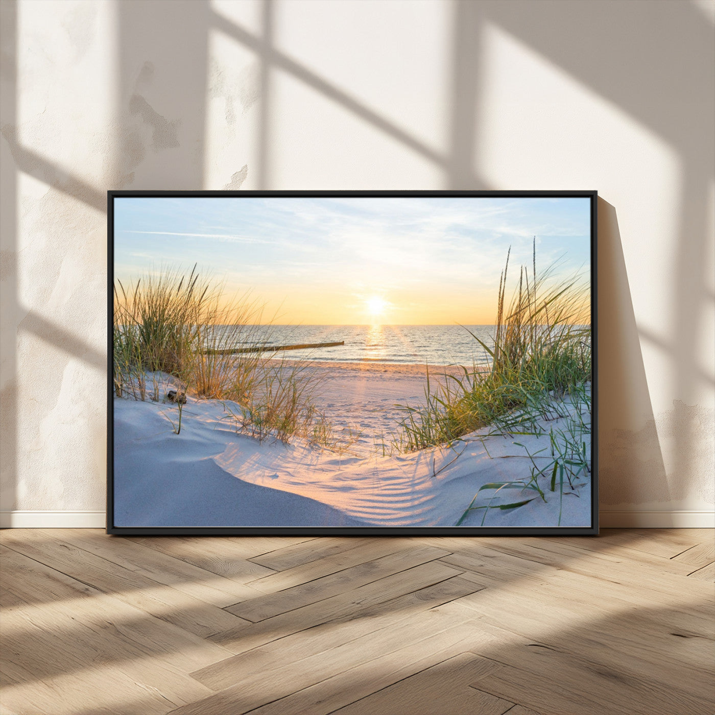48907-MGV-CV-36X24-Beach Sunset Wall Art – Coastal Sand Dunes and Ocean View Canvas Print, Serene Seaside Landscape Painting for Living Room, Bedroom