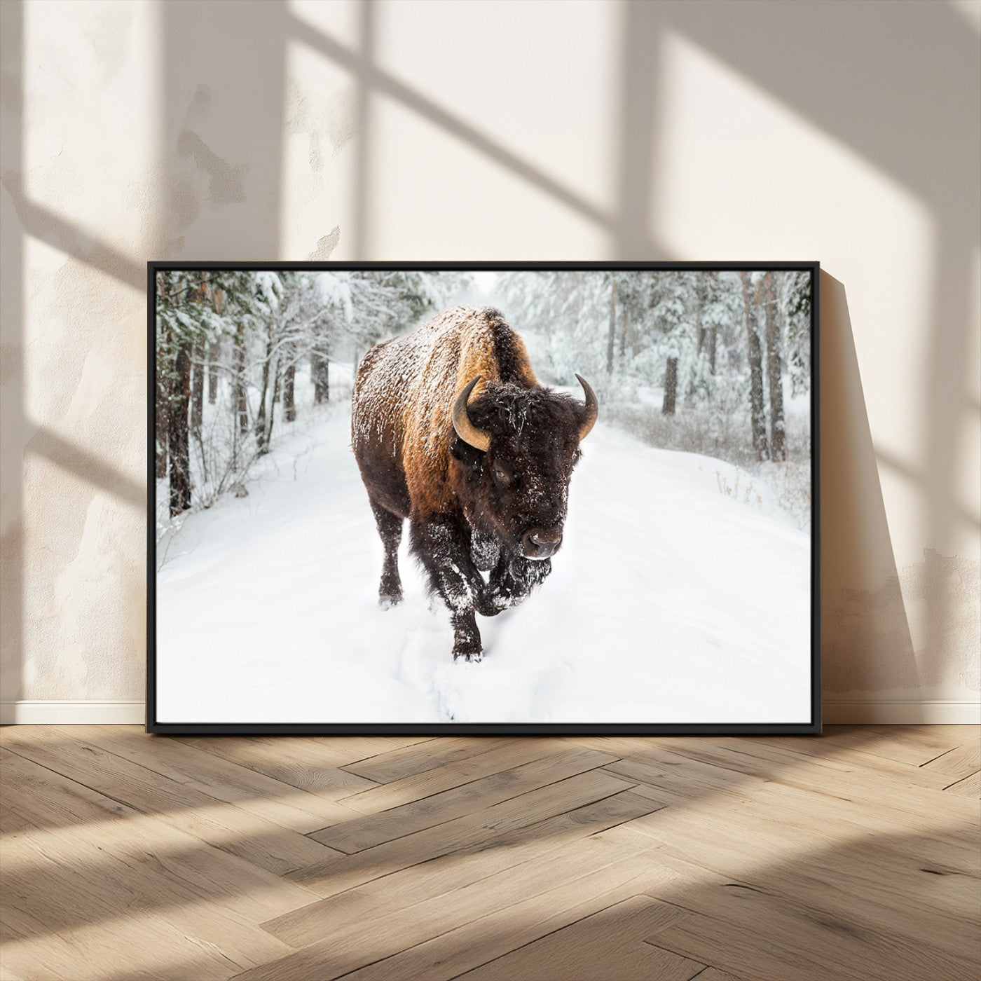 84699-MGV-CV-36X24-Bison in Winter Wall Art – Majestic Buffalo Canvas Print with Snowy Forest Landscape, Rustic Wildlife Artwork for Cabin, Living