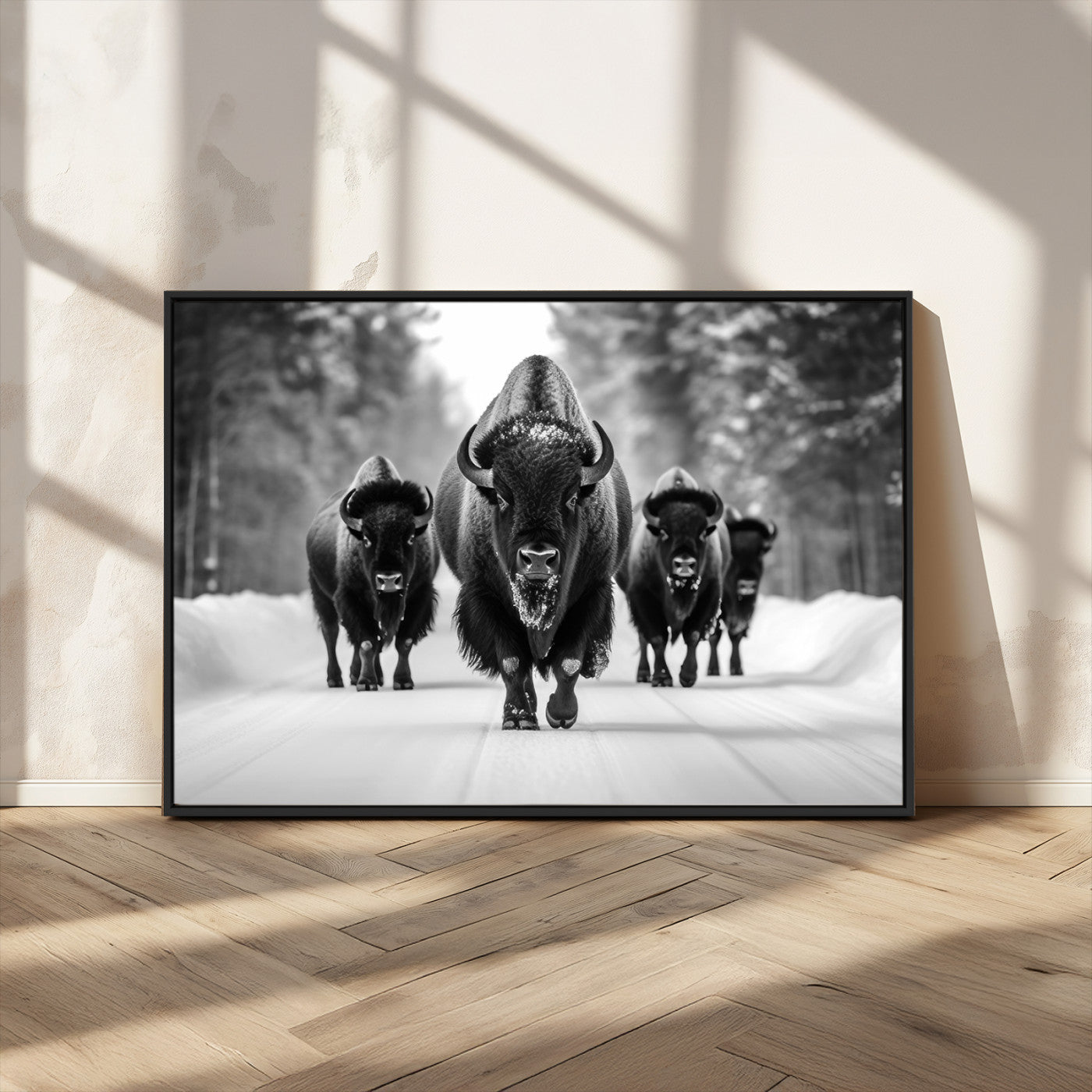 45287-MGV-CV-36X24-Bison Herd Wall Art – Black and White Buffalo Snow Road Canvas Print, Rustic Wildlife Decor for Cabin, Lodge or Living Room