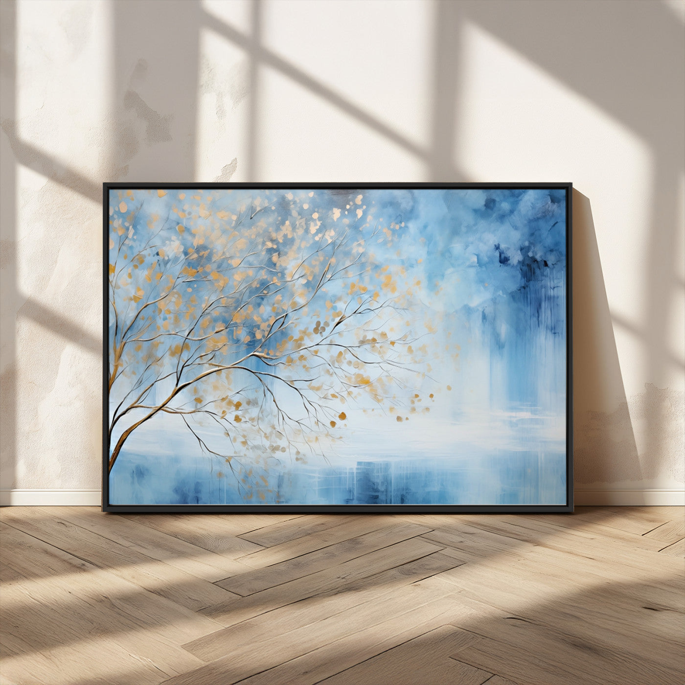 23891-MGV-CV-36X24-Abstract Tree Wall Art – Minimalist Blue and Gold Canvas Painting, Elegant Nature-Inspired Artwork for Living Room, Bedroom or