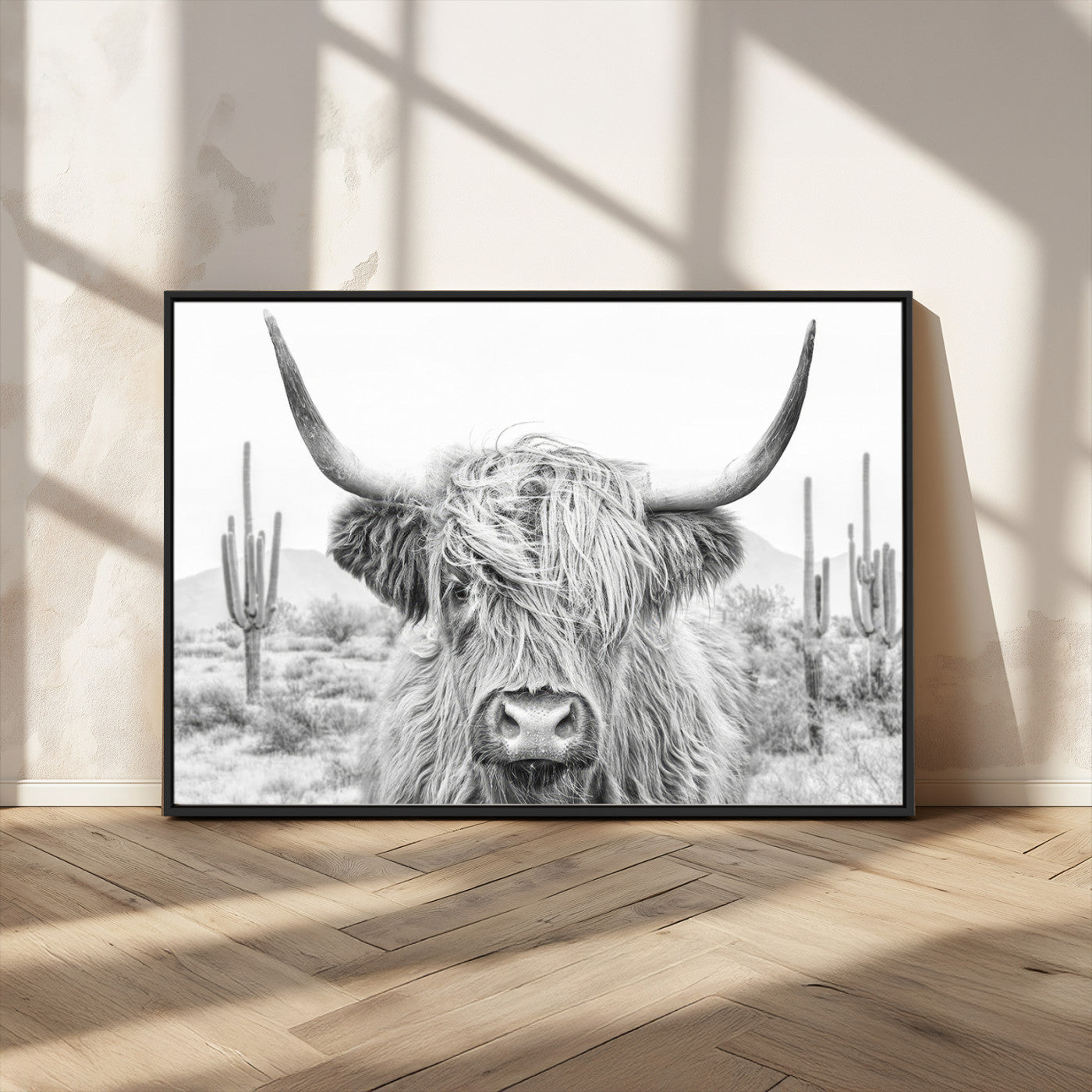94579-MGV-CV-36X24-Highland Cow Wall Art – Black and White Longhorn Canvas Print, Rustic Western Farmhouse Animal Photography for Living Room,