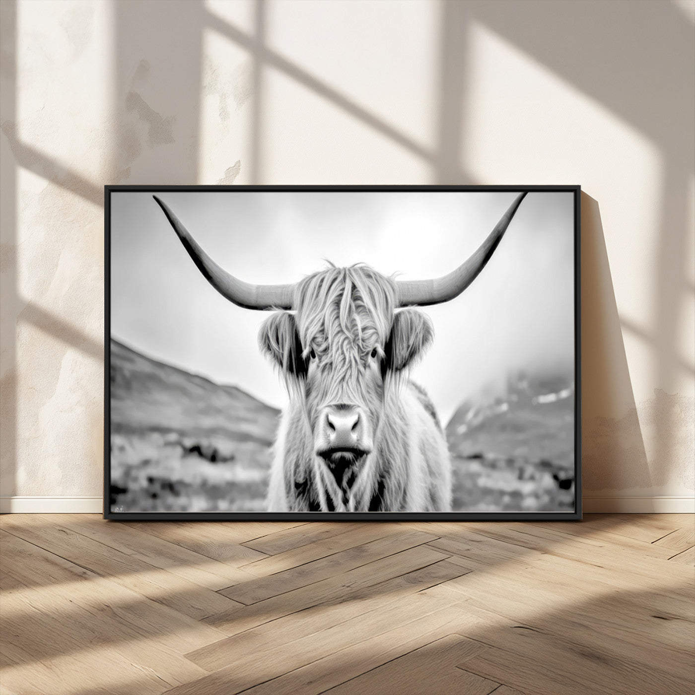 80564-MGV-CV-36X24-Highland Cow Wall Art – Black and White Scottish Highland Canvas Print, Rustic Farmhouse Decor for Living Room, Bedroom or Office