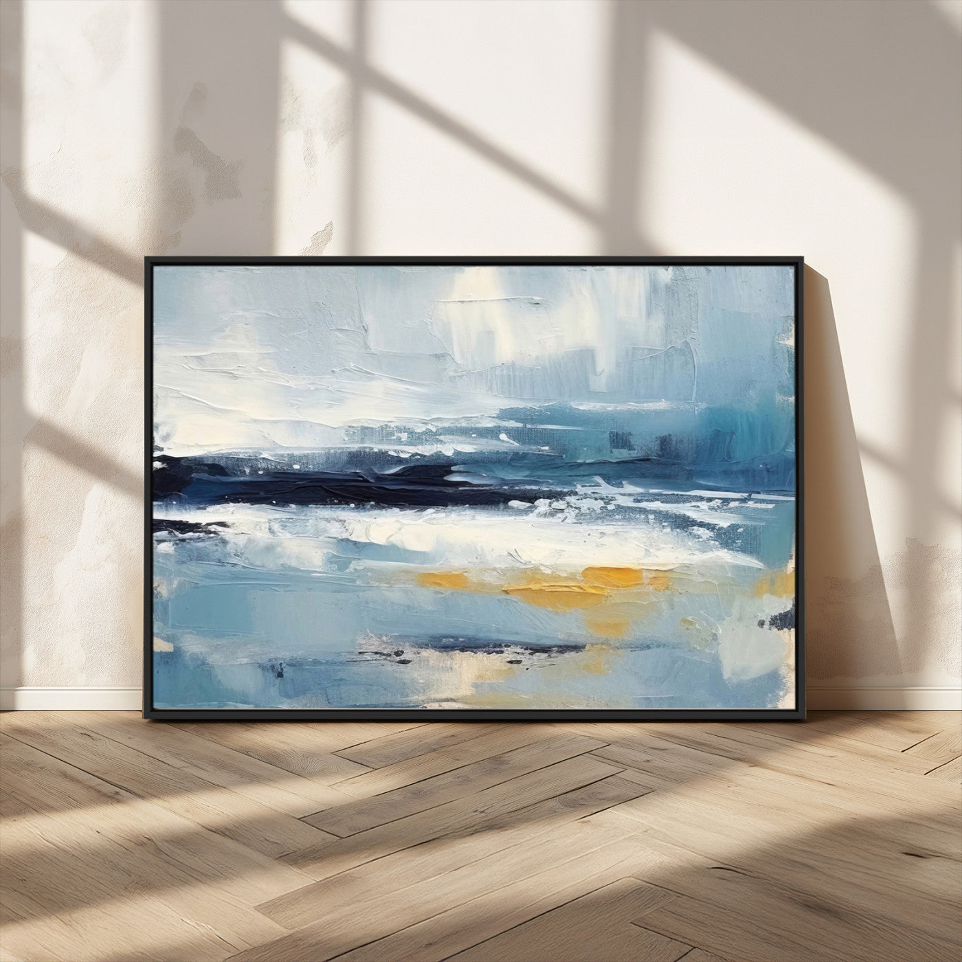 19746-MGV-CV-36X24-Abstract Ocean Wall Art – Modern Coastal Canvas Print with Blue, White and Gold Textures, Contemporary Seascape Painting for
