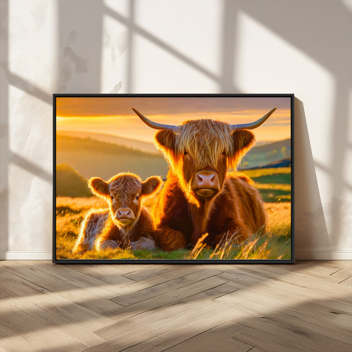 20567-MGV-CV-36X24-Highland Cow and Calf Wall Art – Rustic Farmhouse Sunset Cattle Canvas Print, Country Animal Artwork for Living Room, Bedroom, or