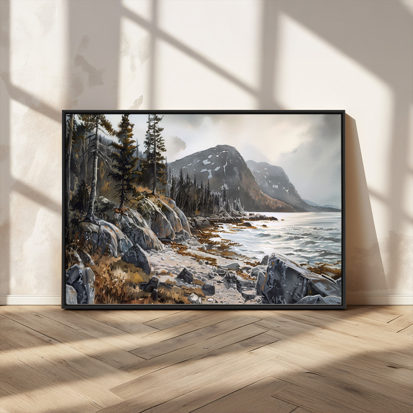 41281-MGV-CV-36X24-Rocky Shoreline Wall Art – Panoramic Mountain Coast and Forest Canvas Print, Rustic Nature Landscape Decor for Cabin, Lodge, or