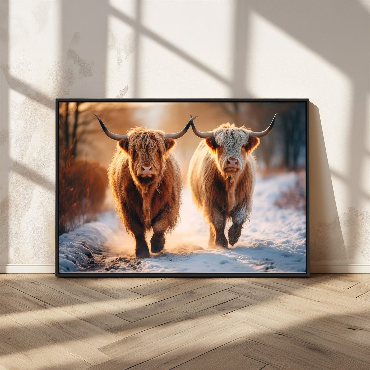 94810-MGV-CV-36X24-Highland Cow Wall Art – Rustic Canvas Print Two Cattle Snow Path Sunset, Farmhouse Country Decor for Living Room, Bedroom, Office,