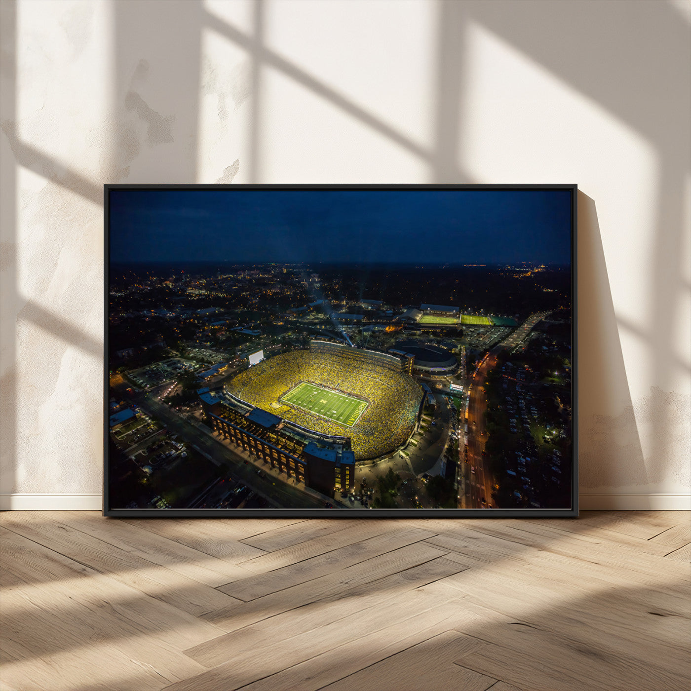 33588-MGV-CV-36X24-Football Stadium Wall Art – Aerial Night Game Canvas Print Packed Field City Lights, Sports Photography Decor for Game Room, Man