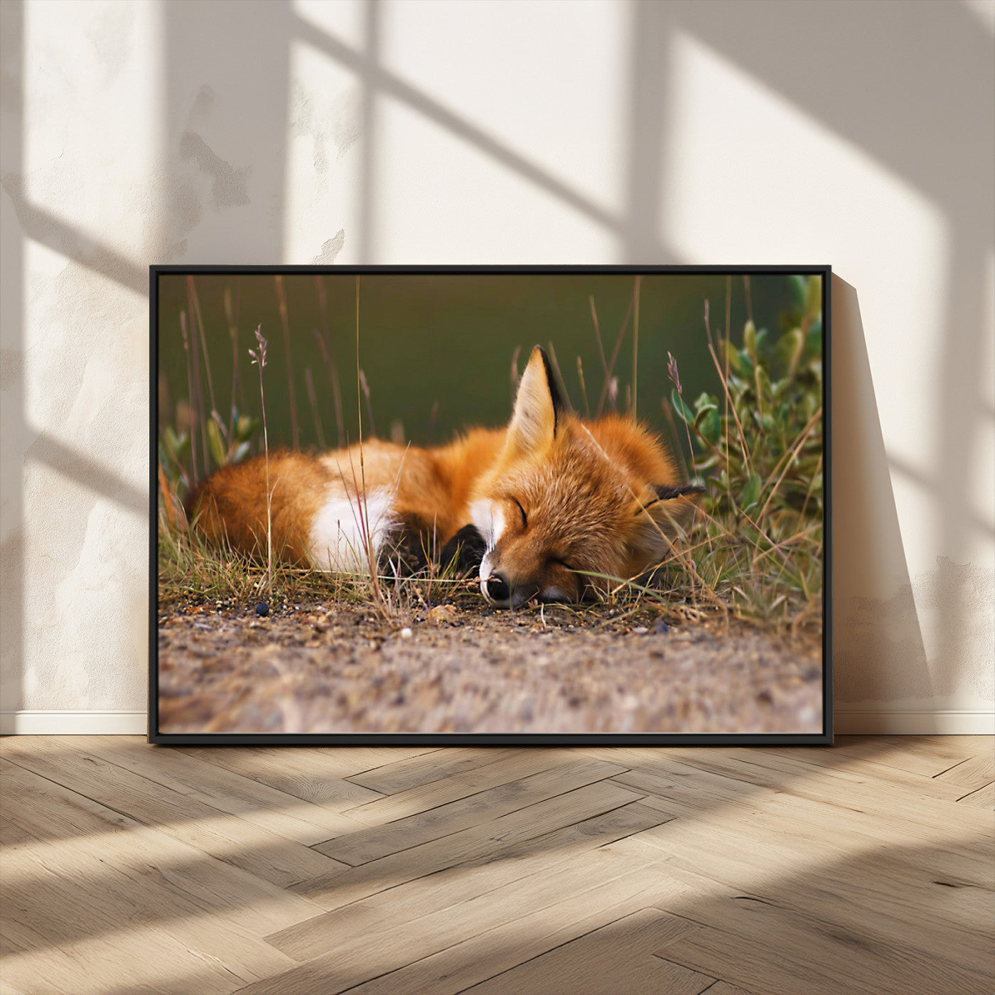 25085-MGV-CV-36X24-Sleeping Fox Wall Art Canvas Print, Framed Rustic Fox Art Picture Print, Wildlife Animal Perfect Rustic Farmhouse Decor Artwork