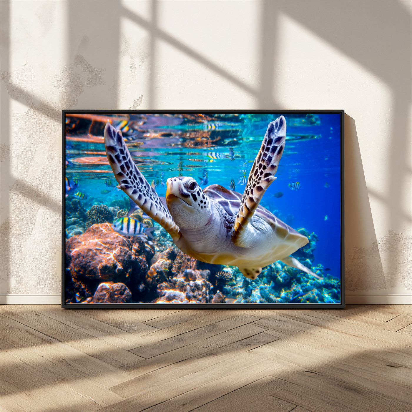 12683-MGV-CV-36X24-Sea Turtle Wall Art – Graceful Ocean Canvas Print with Coral Reef and Tropical Fish, Coastal Marine Life Decor for Beach House,