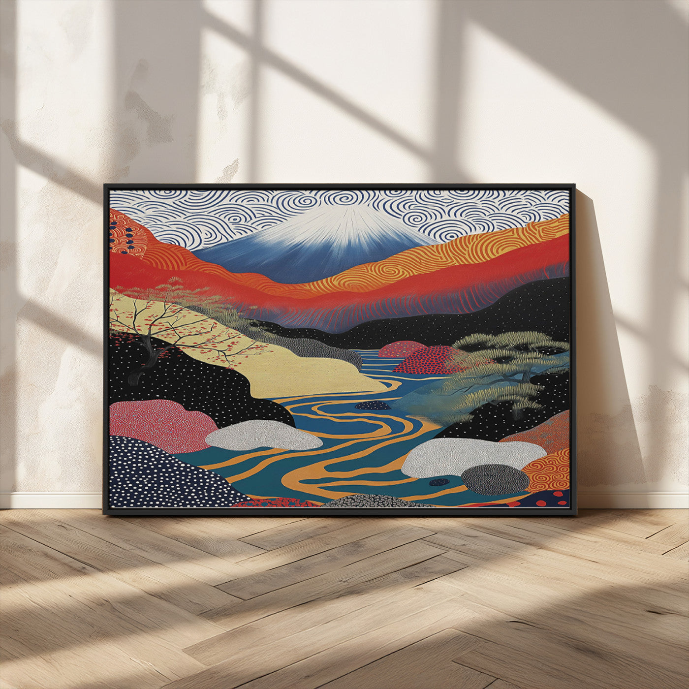 32131-MGV-CV-36X24-Japanese Mount Fuji Wall Art – Abstract Landscape Canvas Print with Swirling Sky & River, Modern Minimalist Asian Inspired Poster