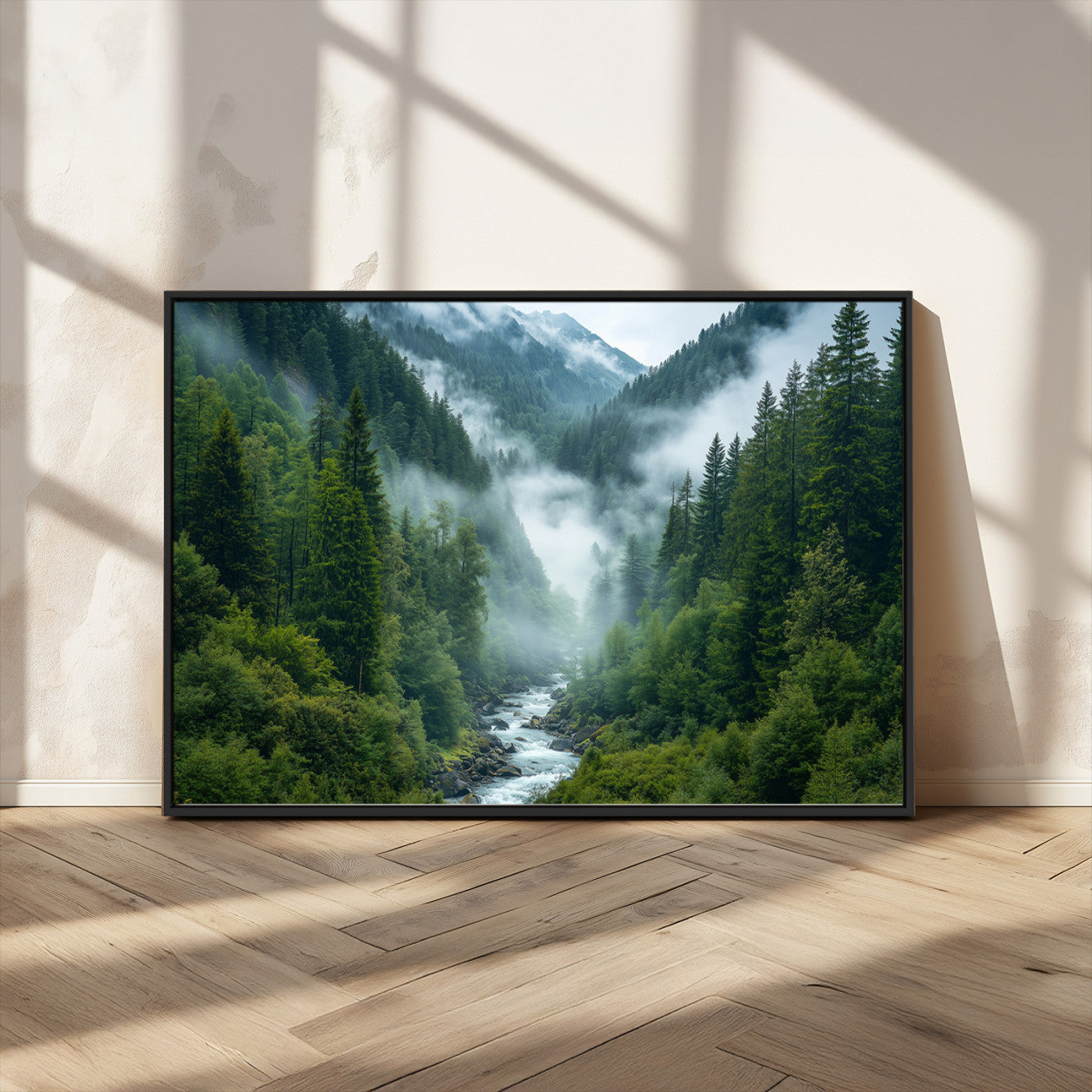 69453-MGV-CV-36X24-Mountain Forest Wall Art – Misty River and Evergreen Landscape Canvas Print, Nature Photography Poster for Living Room, Bedroom,