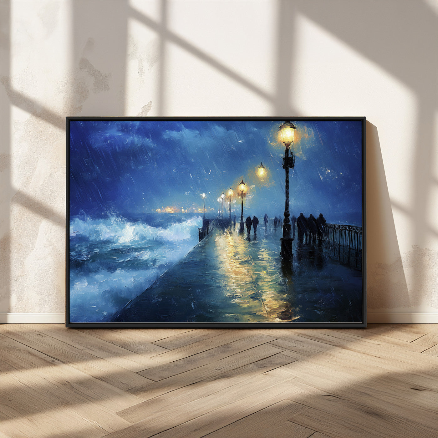 94571-MGV-CV-36X24-Seaside Night Wall Art – Ocean Waves and Street Lamps Canvas Print, Rainy City Pier Oil Painting Poster for Living Room, Bedroom,