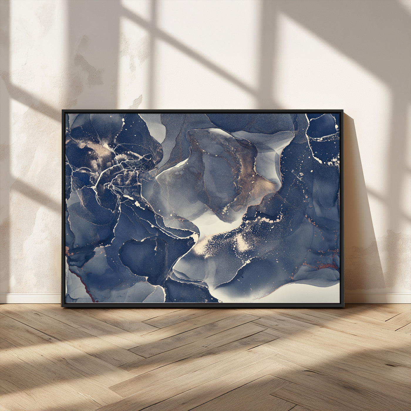 28282-MGV-FC-36X24_Black-Blue Abstract Wall Art – Modern Ink Swirl Canvas Print, Contemporary Navy and Gold Painting for Living Room, Bedroom, Office or