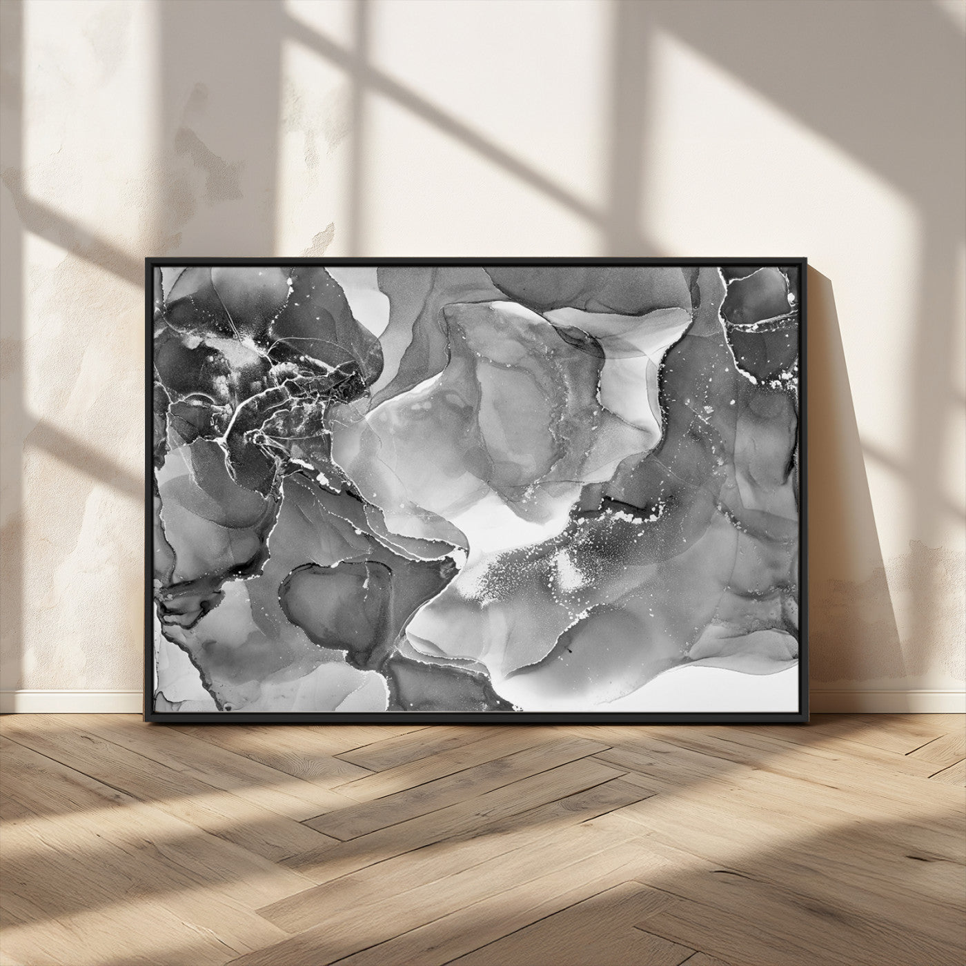 15911-MGV-CV-36X24-Black and White Abstract Wall Art – Modern Ink Swirl Canvas Print, Minimalist Contemporary Painting for Living Room, Bedroom,
