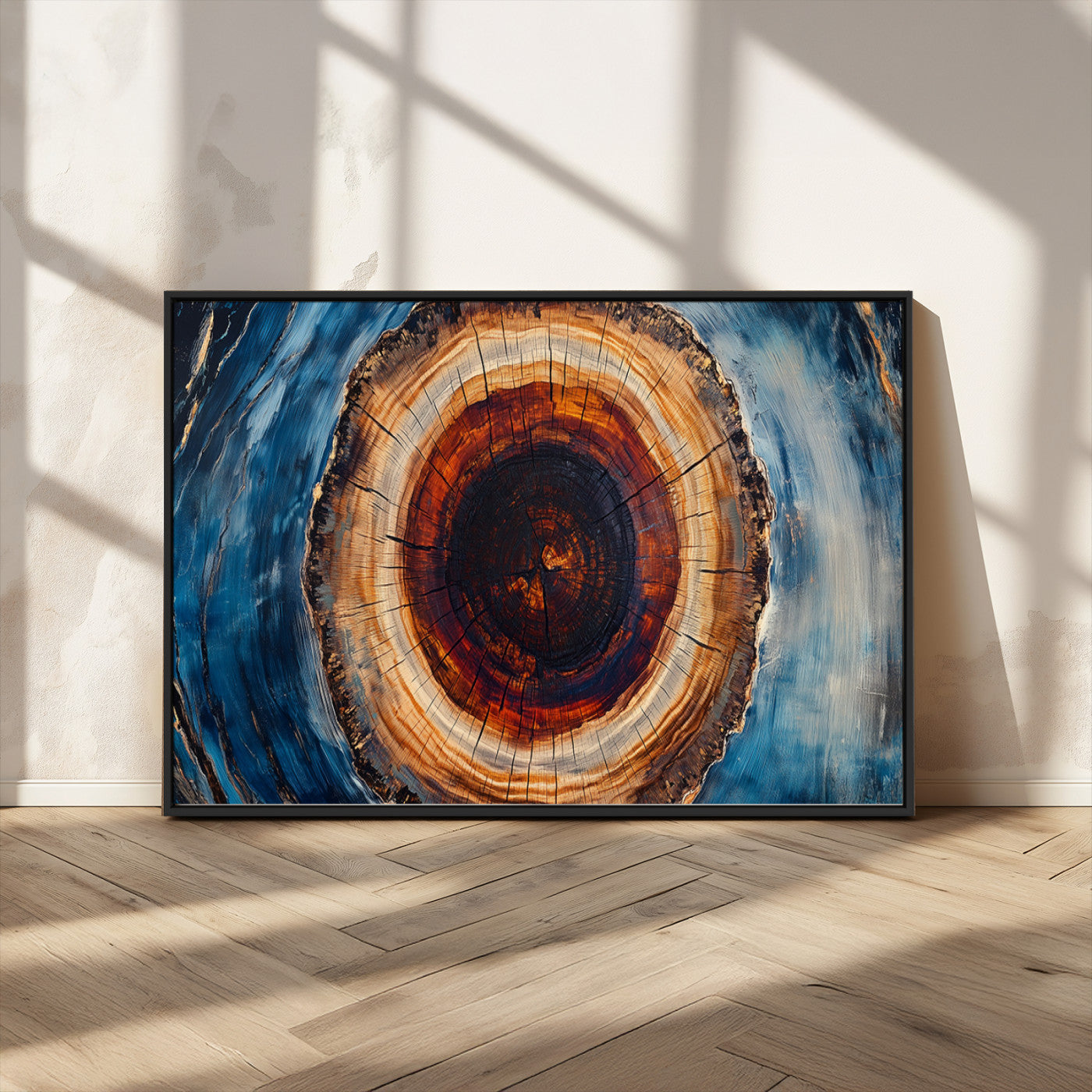 30457-MGV-CV-36X24-Tree Ring Wall Art – Abstract Wood Grain Canvas Print with Brown and Blue Swirl, Rustic Nature Inspired Artwork for Living Room,