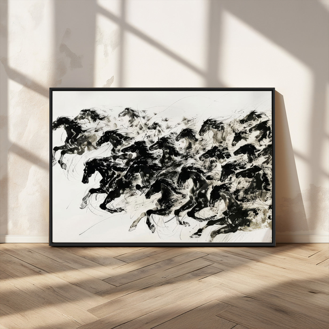 23069-MGV-CV-36X24-Galloping Horses Wall Art – Black Ink Painting on Canvas, Dynamic Equestrian Artwork with Running Stallions, Expressive Modern