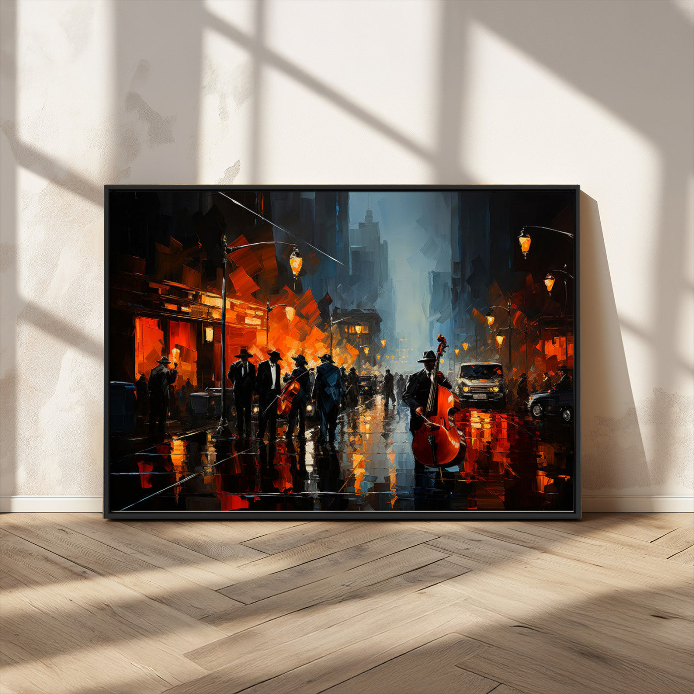 32816-MGV-CV-36X24-City Jazz Night Wall Art – Modern Abstract Urban Street Scene Canvas Print, Moody Music-Themed Decor for Living Room, Office, or